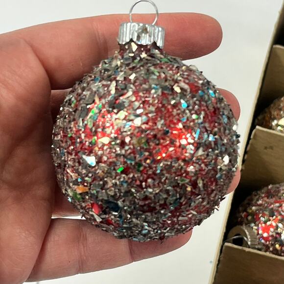 Vtg Decorated Shiny Brite Glitter Shard Glass Ornaments Set of 12 Mixed USA - Picture 6 of 16